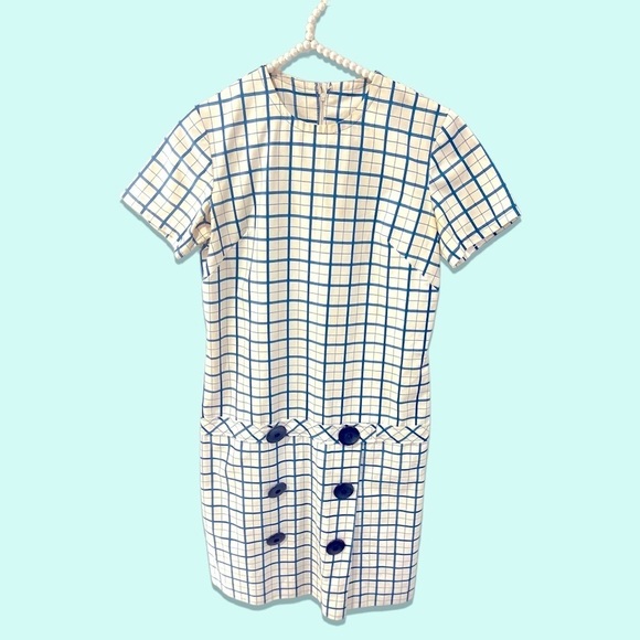 VINTAGE Mod A-Line 50s dress sz XS/S Fit & Flare VTG 60s minimalist checks frock - Picture 5 of 6